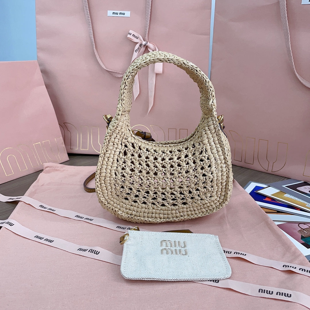 miu wander hobo bag 20cm beige woven fabric