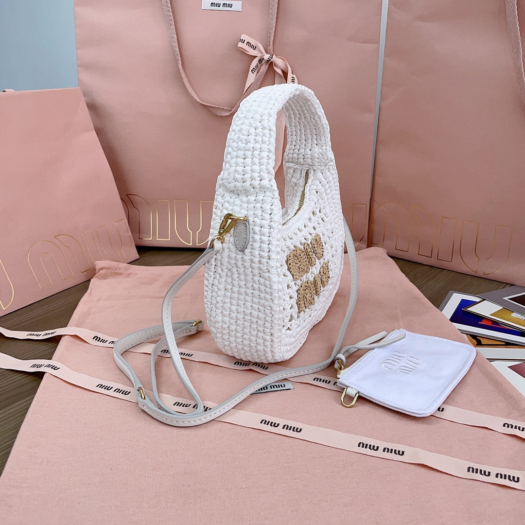 miu wander hobo bag 20cm white woven fabric