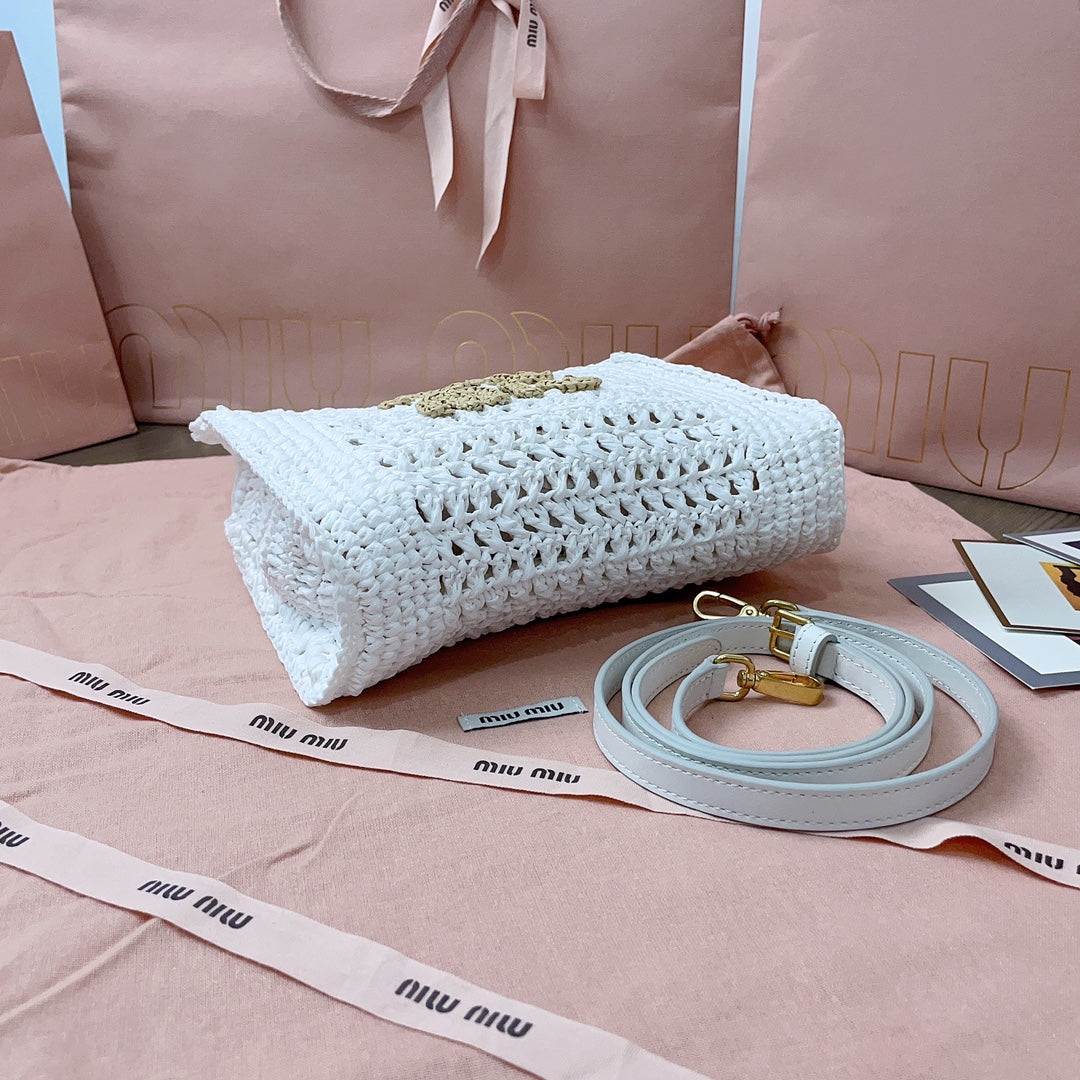 miu tote bag 22cm white woven fabric