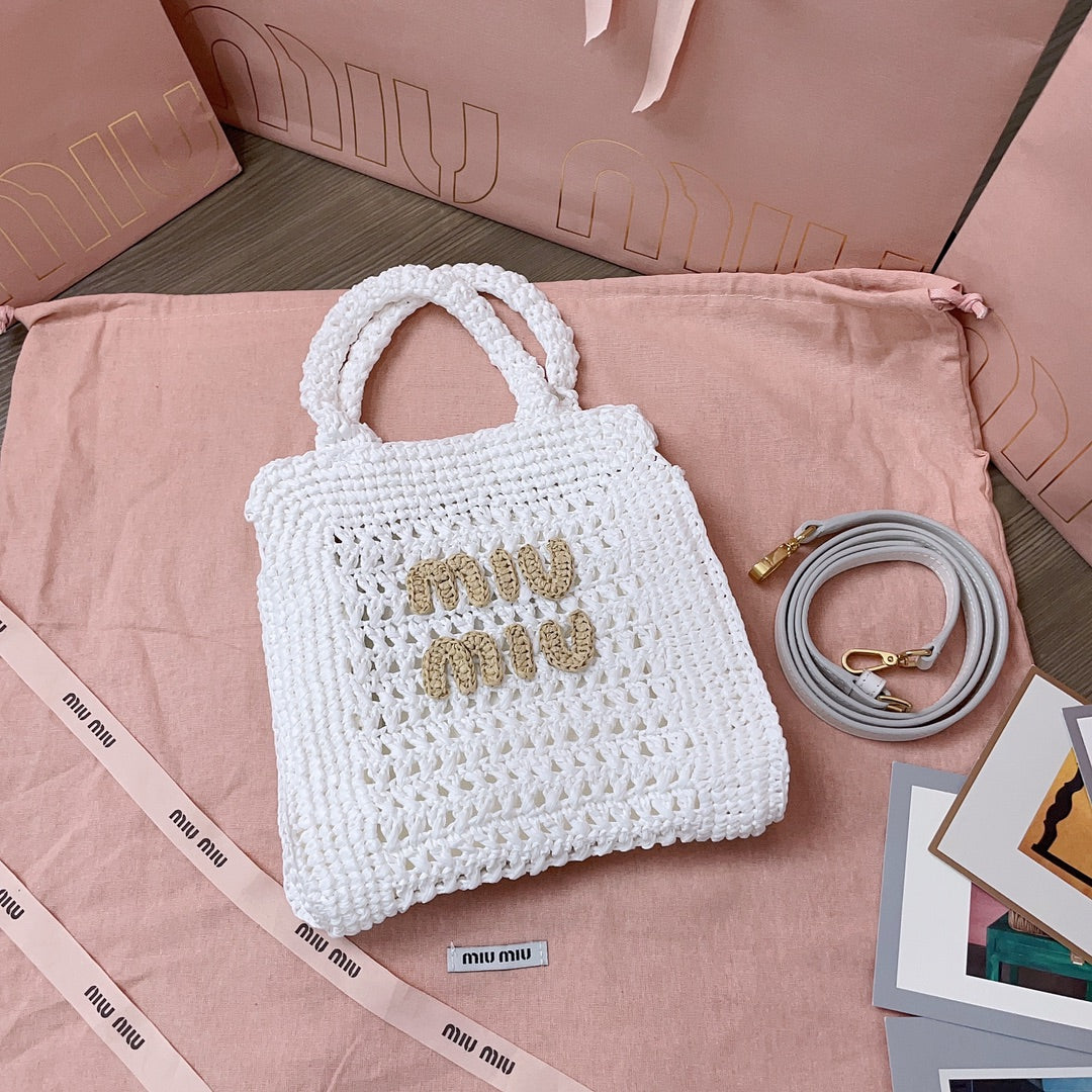miu tote bag 22cm white woven fabric