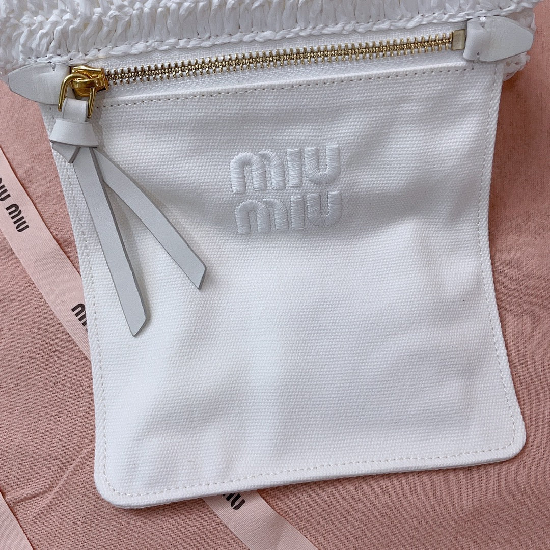 miu tote bag 22cm white woven fabric