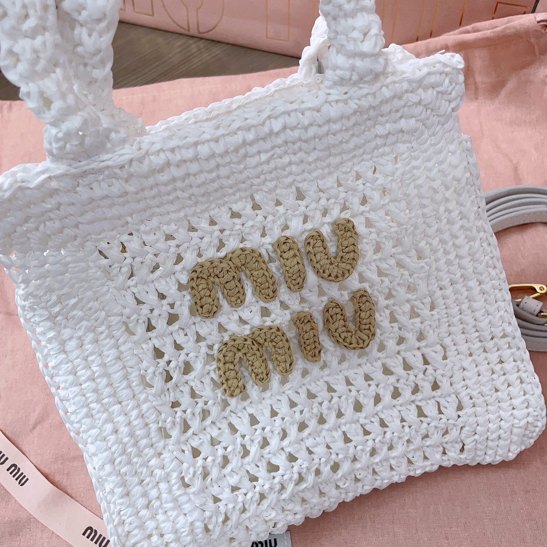 miu tote bag 22cm white woven fabric