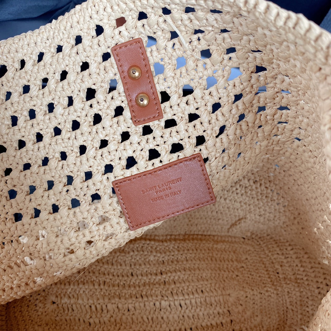 le 5a7 large 30cm woven raffia brown calfskin
