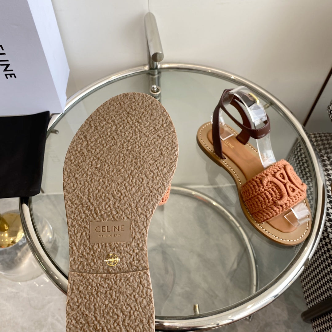 LYMPIA SANDAL IN BRONZE BROWN TRIOMPHE MACCRAMÃ‰ COTTON AND TAN CALFSKIN