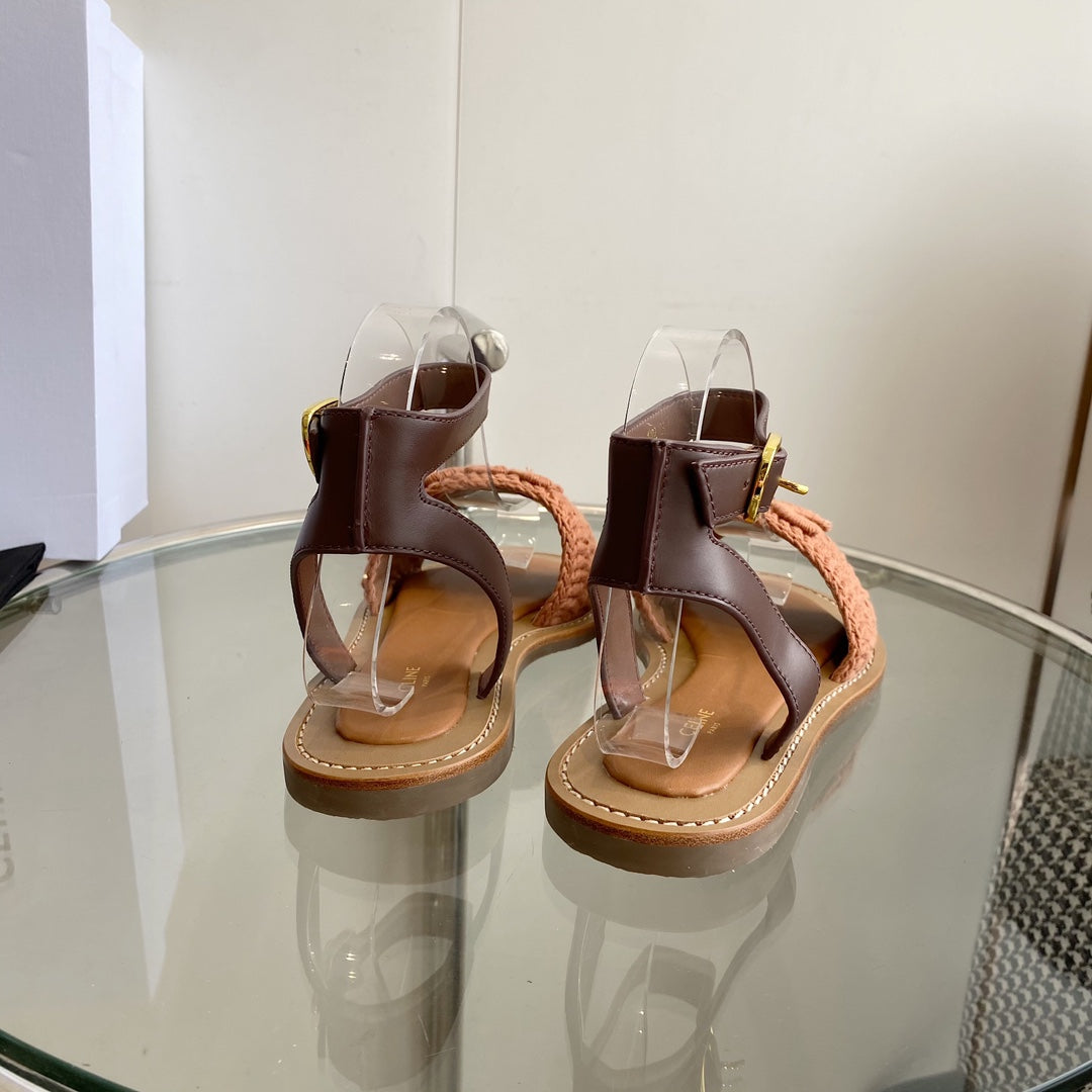 LYMPIA SANDAL IN BRONZE BROWN TRIOMPHE MACCRAMÃ‰ COTTON AND TAN CALFSKIN