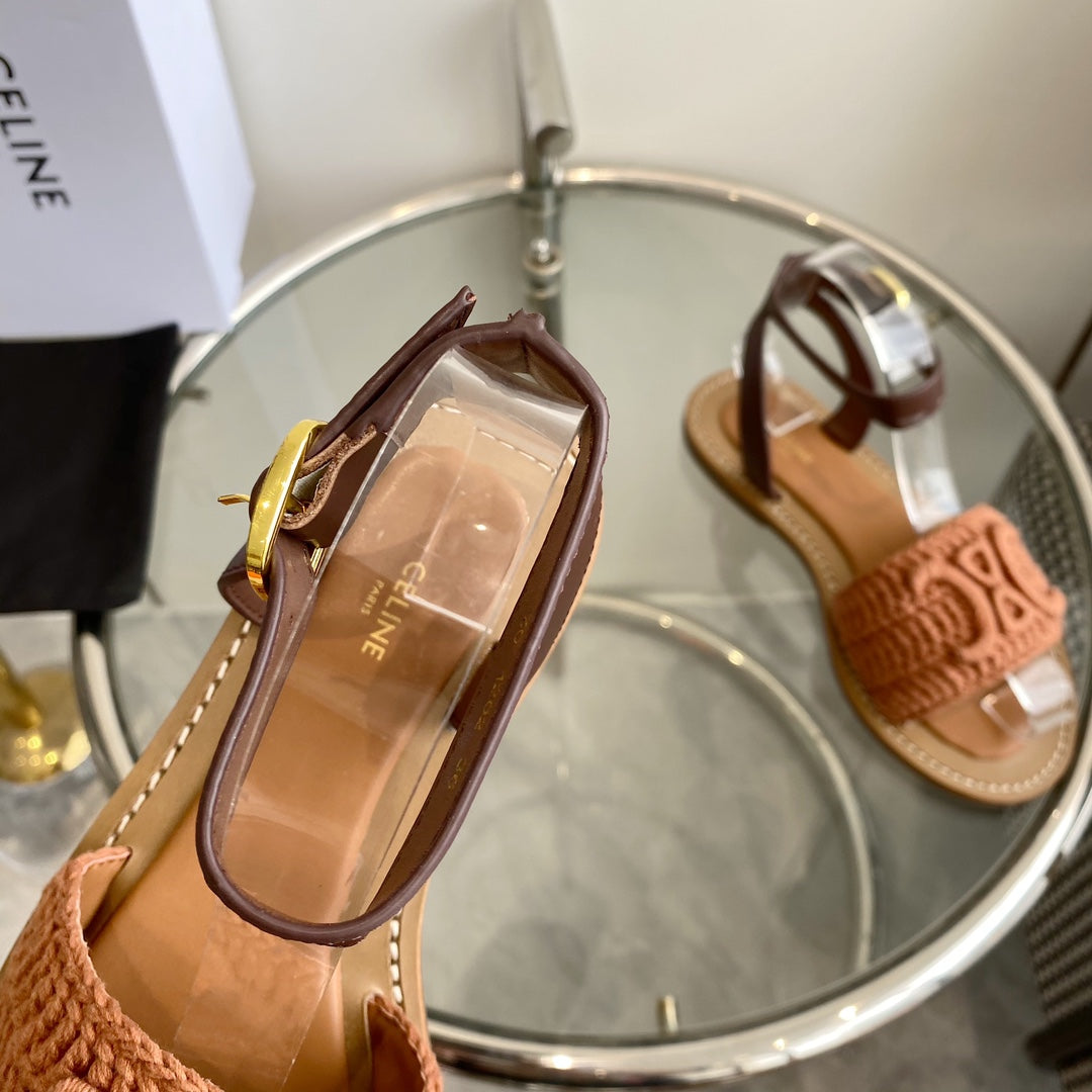 LYMPIA SANDAL IN BRONZE BROWN TRIOMPHE MACCRAMÃ‰ COTTON AND TAN CALFSKIN