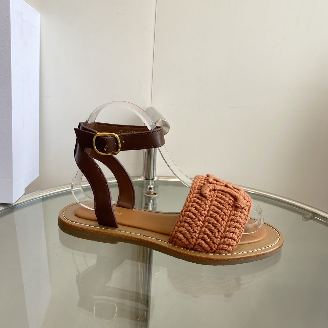 LYMPIA SANDAL IN BRONZE BROWN TRIOMPHE MACCRAMÃ‰ COTTON AND TAN CALFSKIN