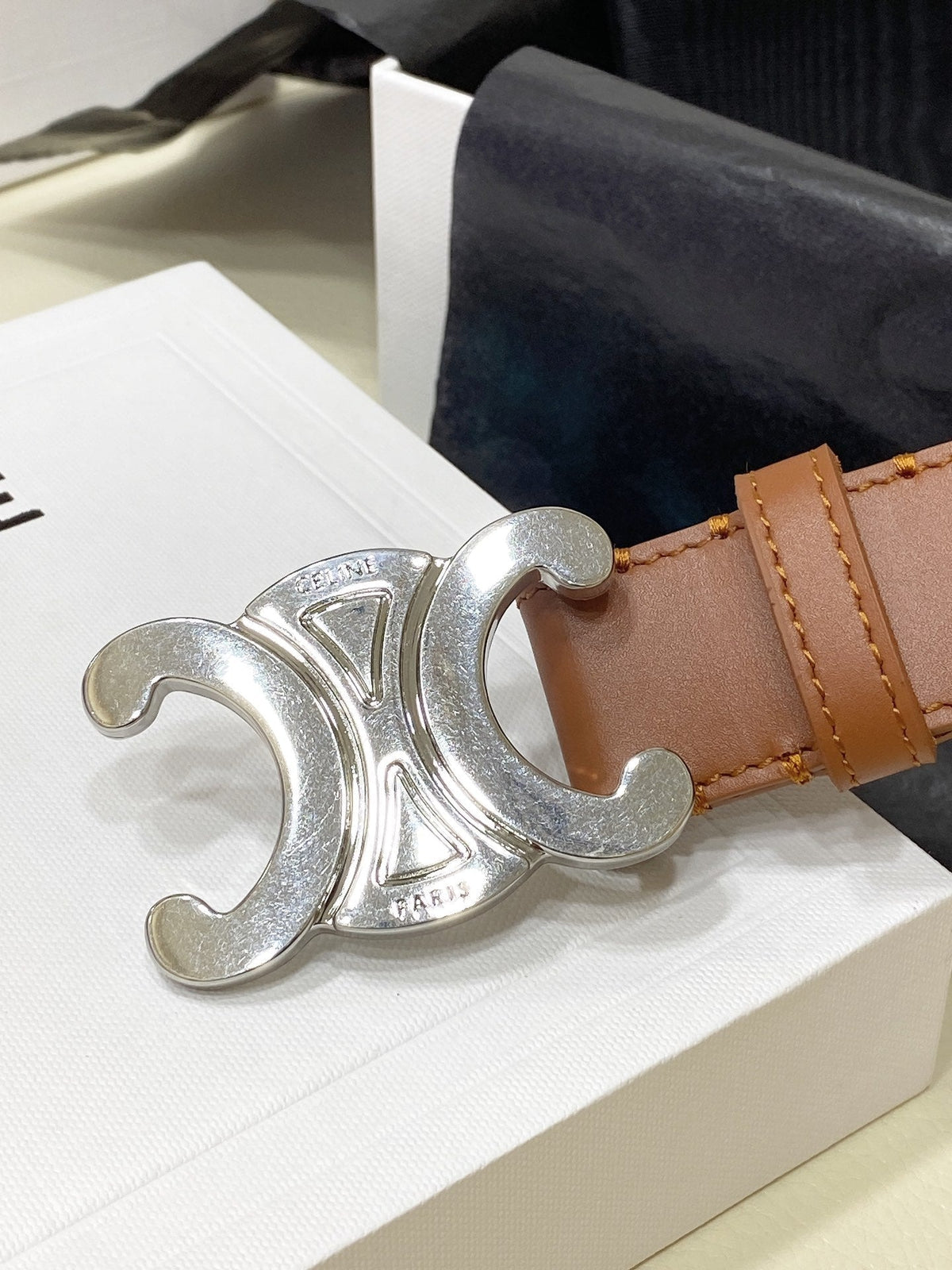 CEL Silver Buckle Belt 30mm Brown Calfskin 176407