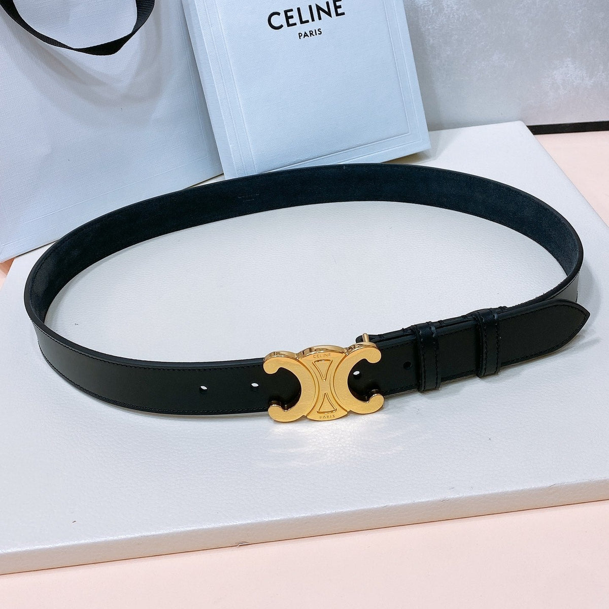 CL LARGE 30 MM TRIOMPHE BELT IN BLACK AND GOLD HARDWARE