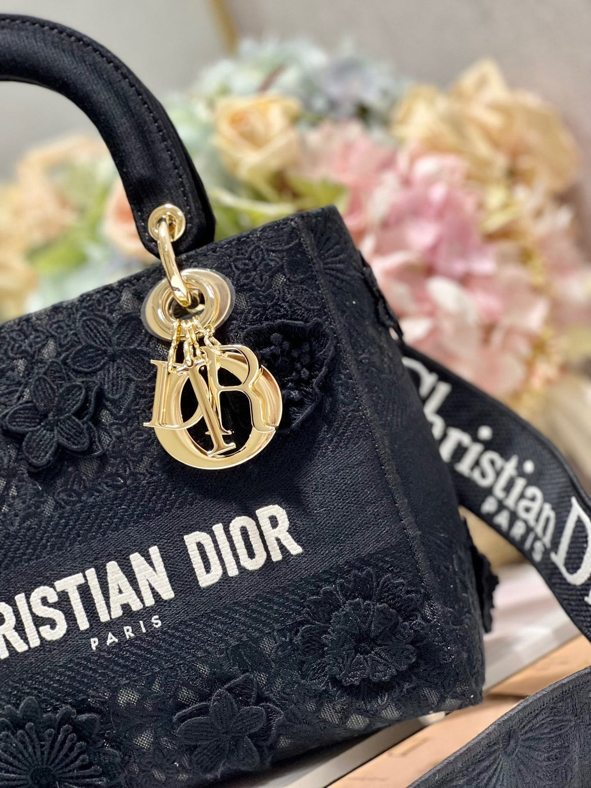 CD Flower Black 24 Lady Dior Bag Canvas 336721