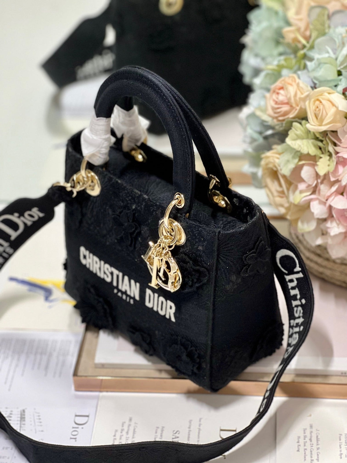 CD Flower Black 24 Lady Dior Bag Canvas 336721