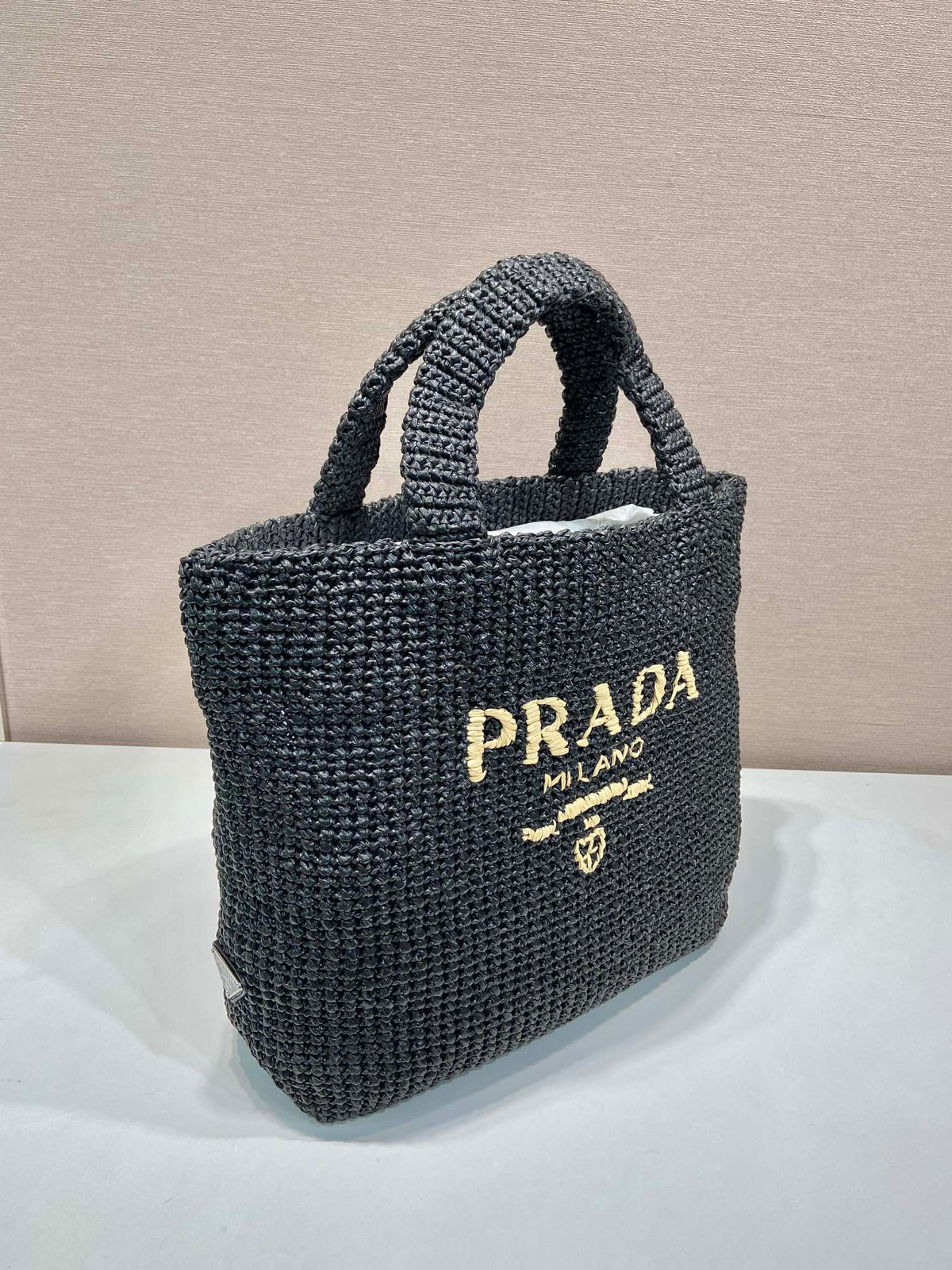 LARGE CROCHET TOTE BAG 47 IN BLACK MIX YELLOW RAFFIA