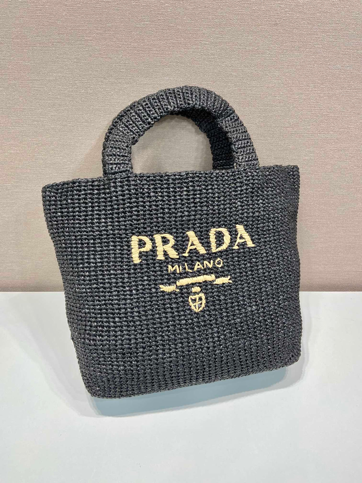 LARGE CROCHET TOTE BAG 47 IN BLACK MIX YELLOW RAFFIA