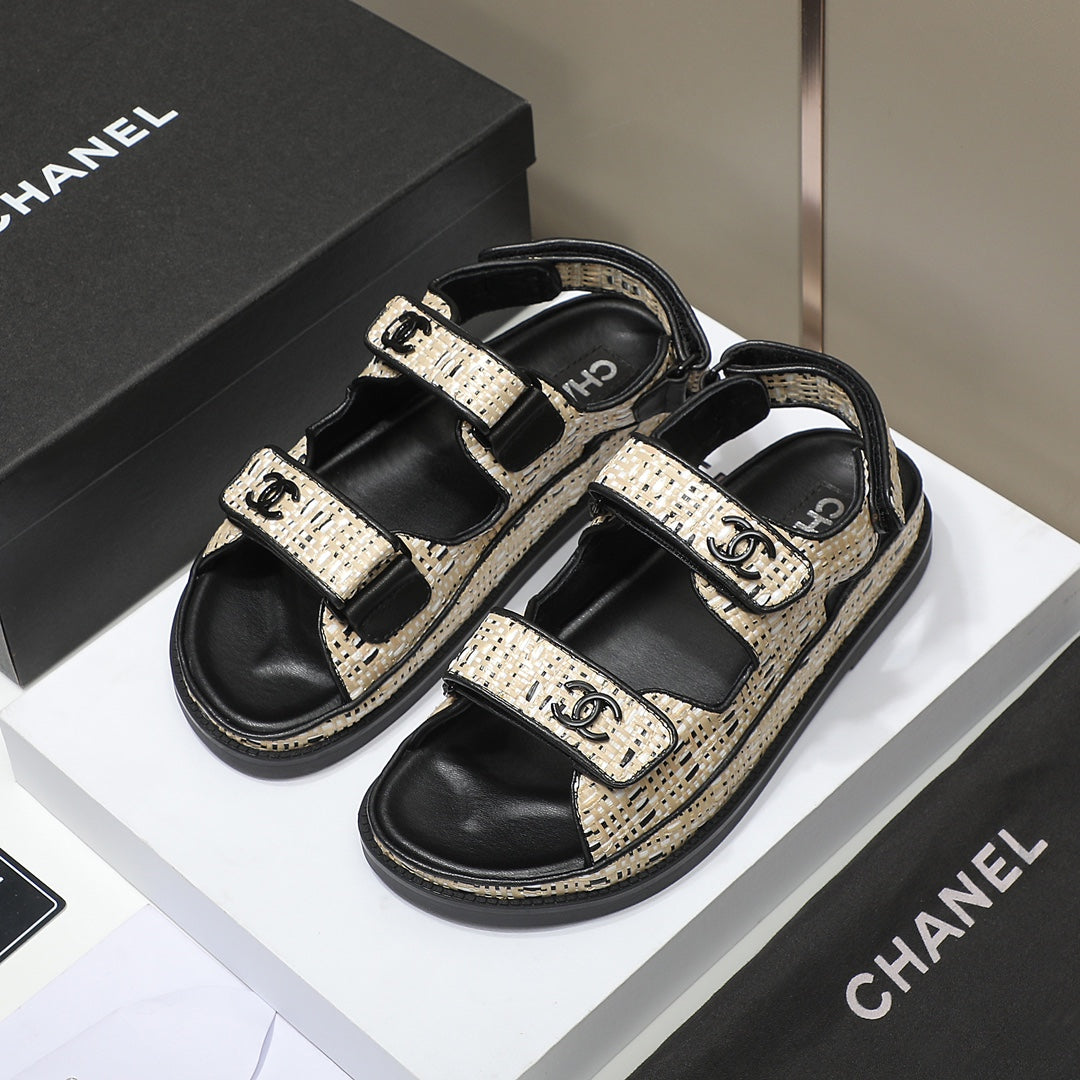 CC Dad Sandal Beige Black Woven Black Calfskin
