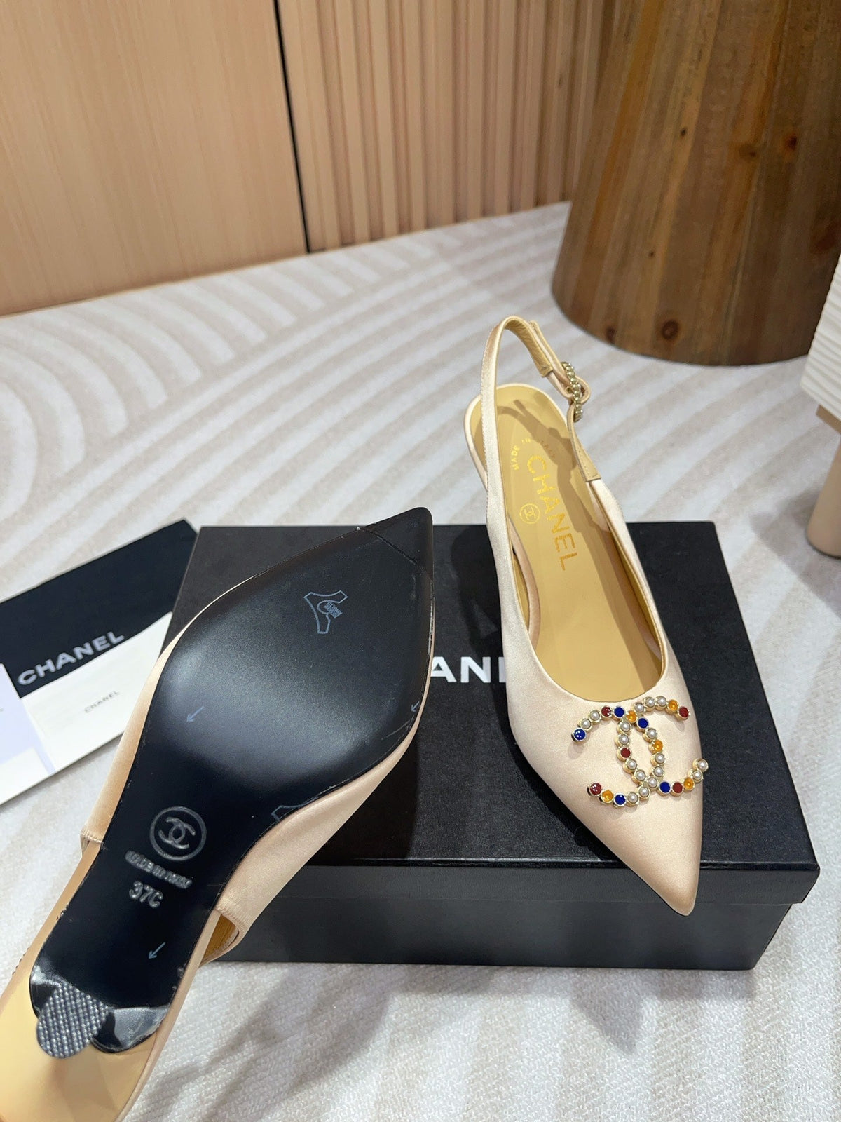 CC HIGH SLINGBACKS BEIGE CREAM SATIN AND LAMBSKIN