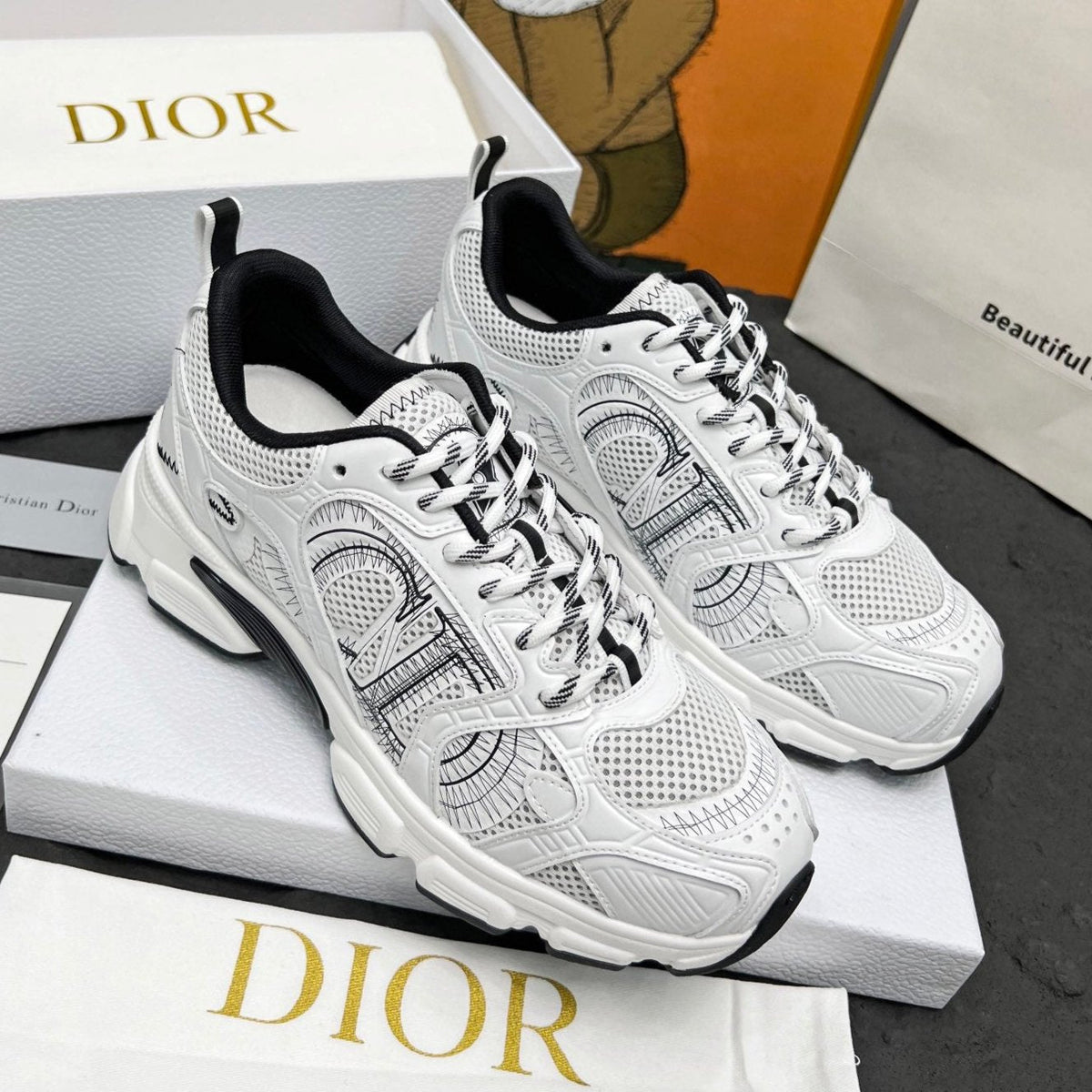 CD Chrono Sneaker White Black Mesh Fabric And Calfskin