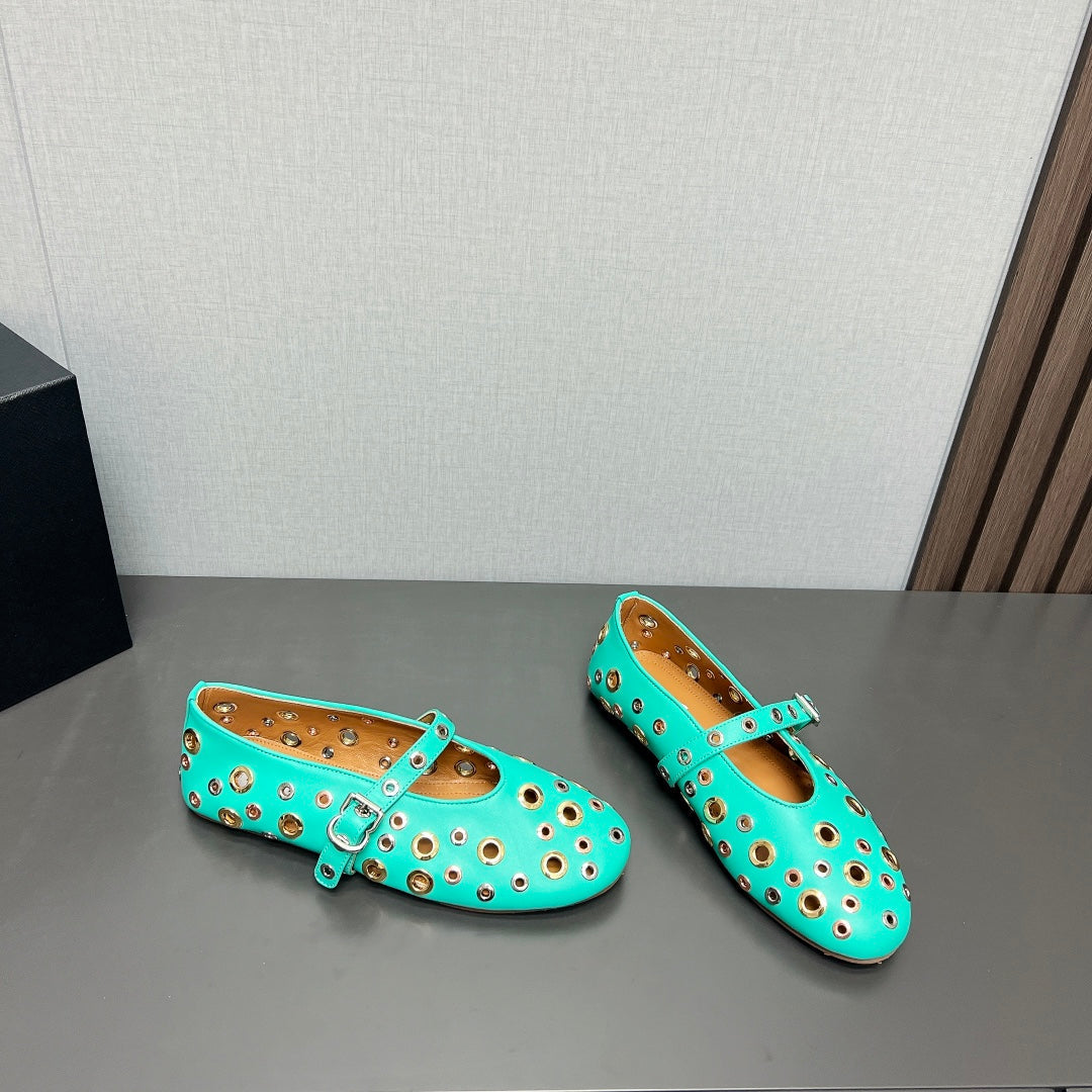 ALAIA MARY JANE SHOES IN GREEN MINT LAMBSKIN GOLD MIX SILVER HARDWARE