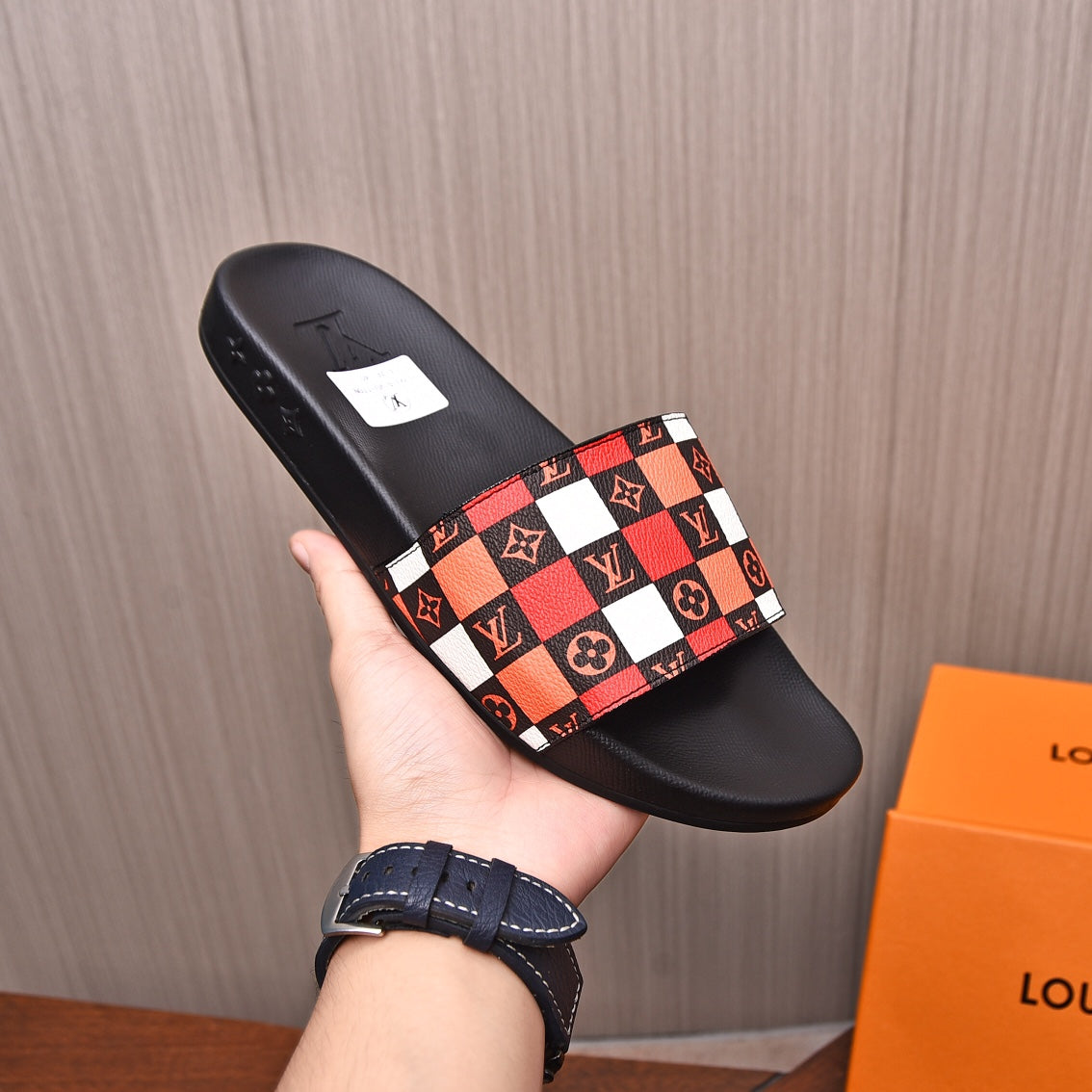 LV MULE RED MIX ORANGE DAMIER MONOGRAM CALFSKIN