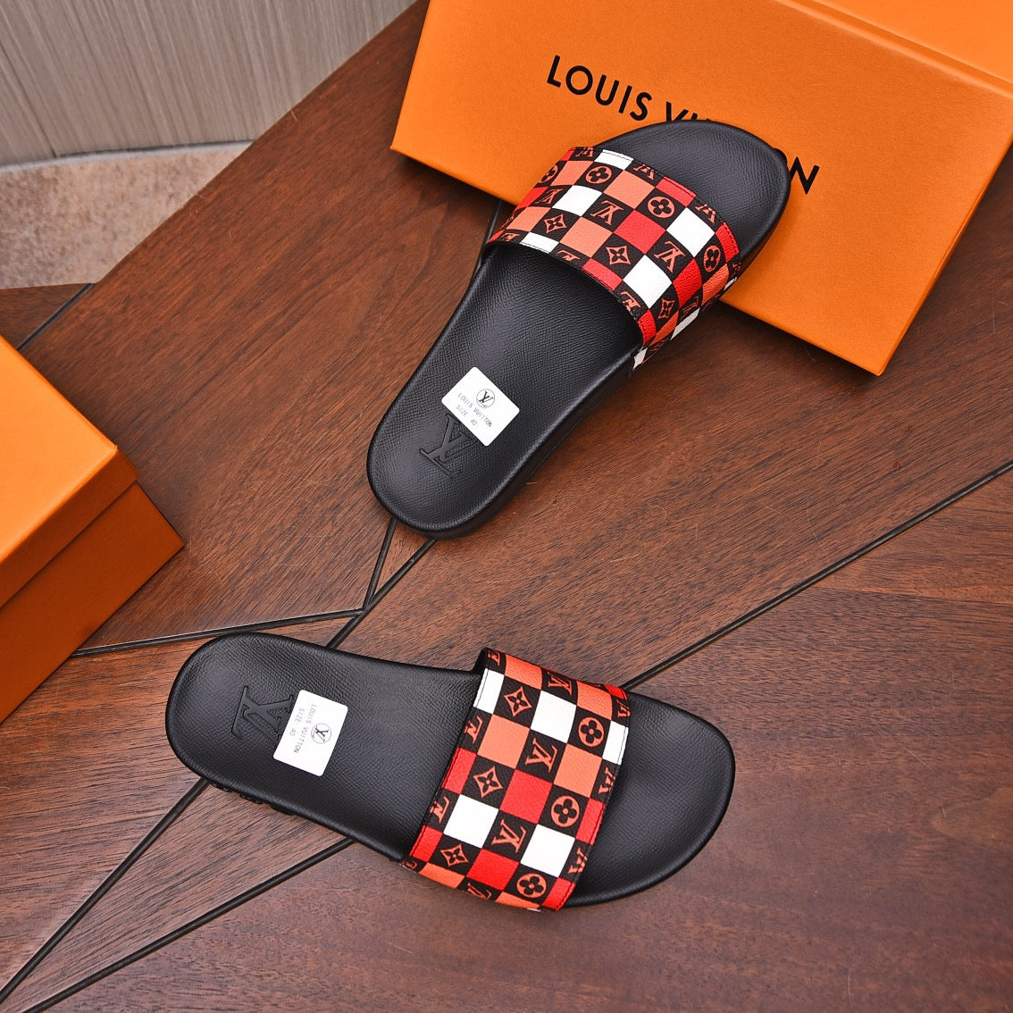 LV MULE RED MIX ORANGE DAMIER MONOGRAM CALFSKIN