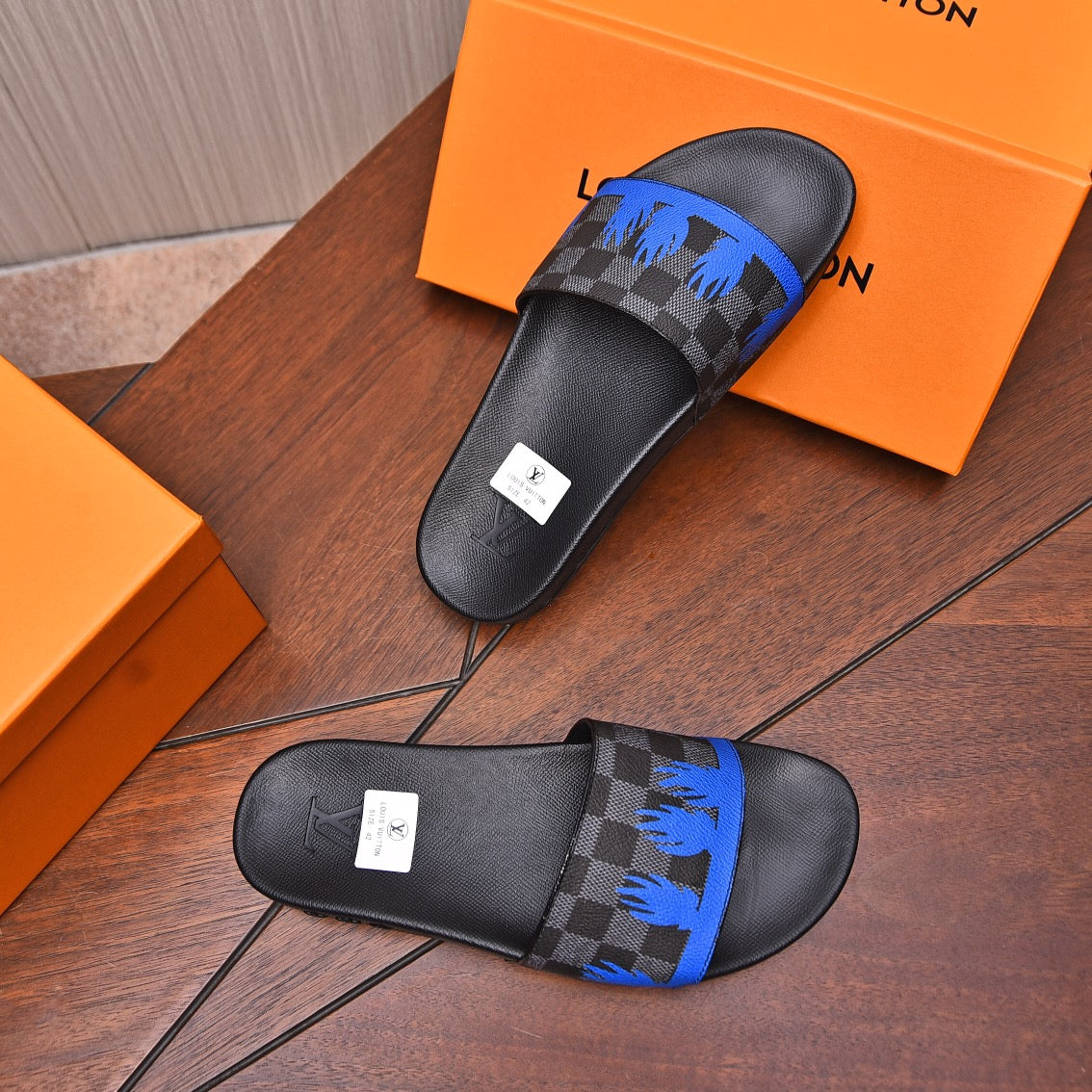 LV MULE SANDAL BLACK MIX BLUE DAMIER CALFSKIN