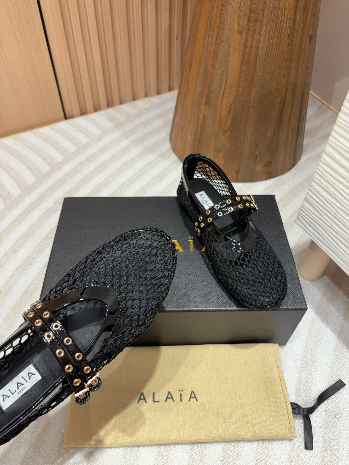 alaia ballet flat fishnet black lambskin double strap