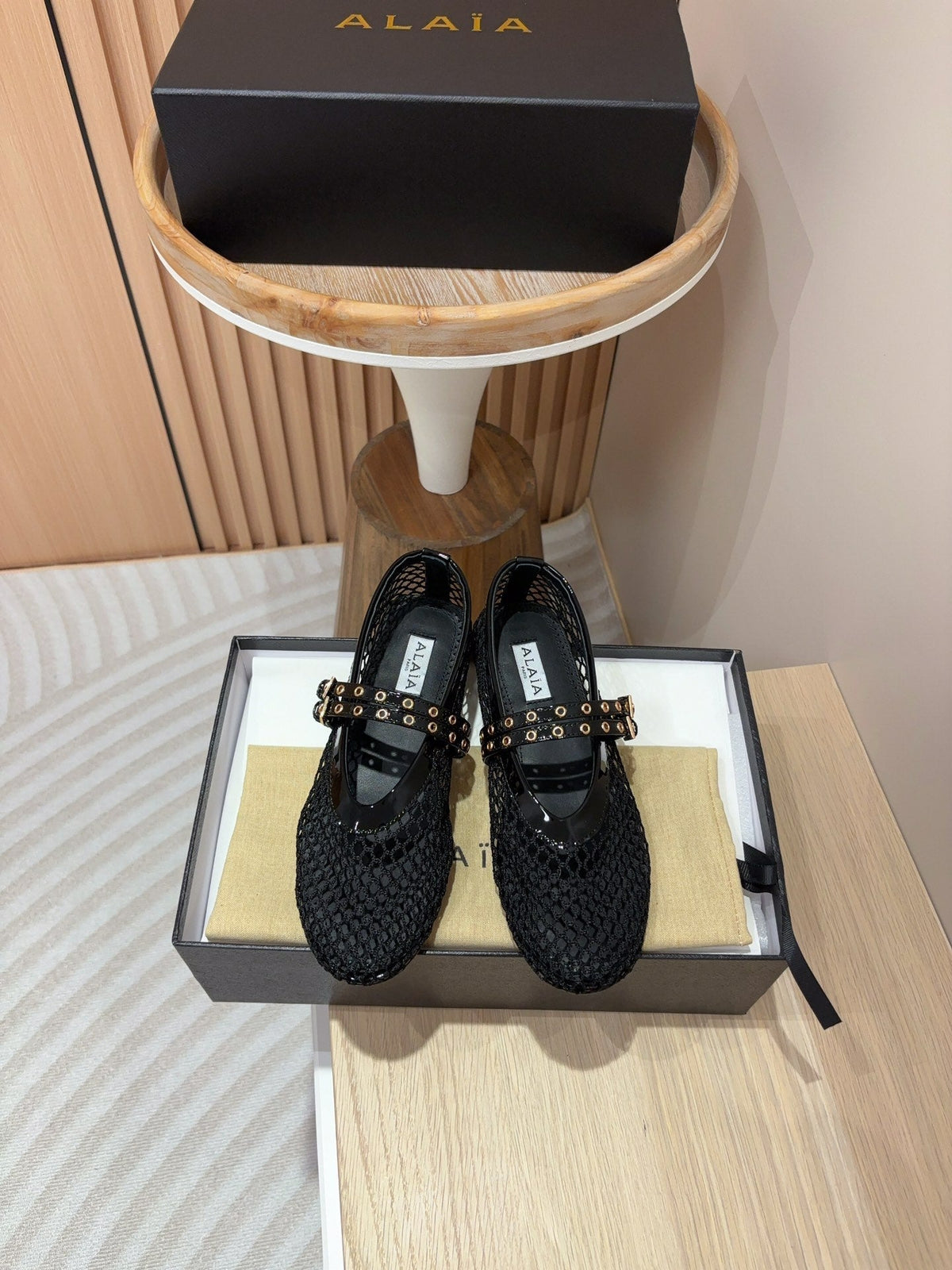 alaia ballet flat fishnet black lambskin double strap