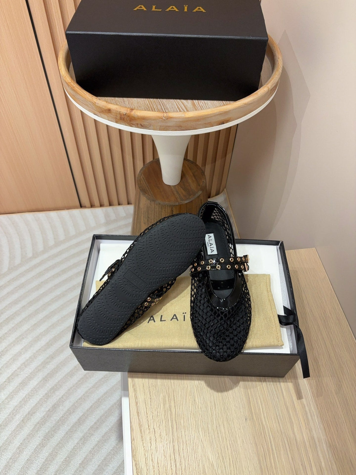 alaia ballet flat fishnet black lambskin double strap