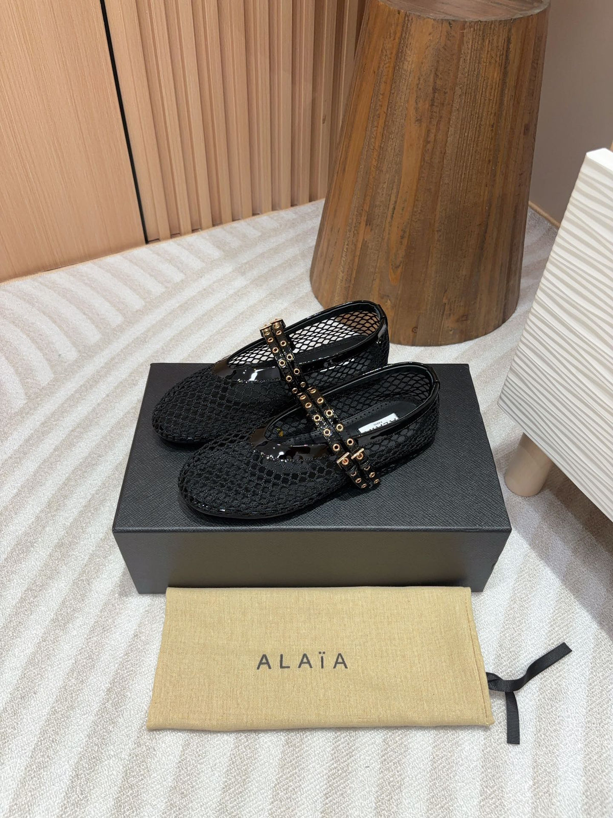 alaia ballet flat fishnet black lambskin double strap