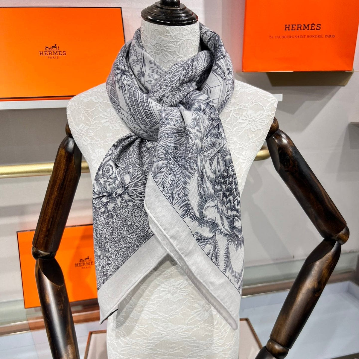 Scarf 135 CM Grey White Cashmere And Silk