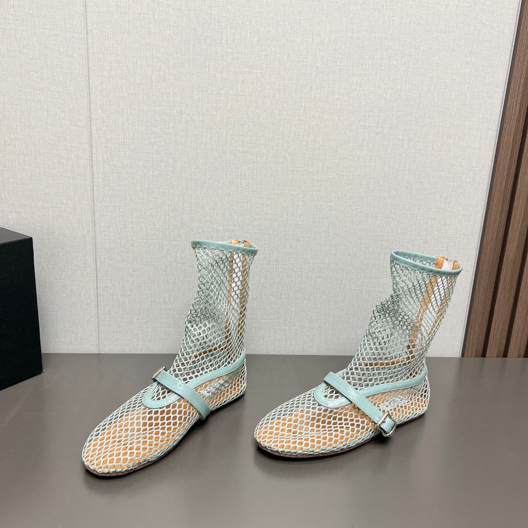 ALAIA SHORT BOOTS IN LIGHT BLUE MESH FISHNET