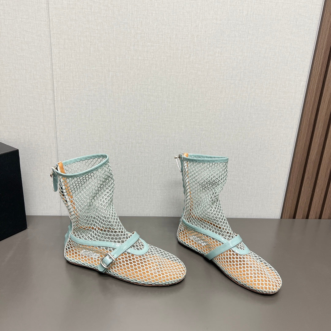 ALAIA SHORT BOOTS IN LIGHT BLUE MESH FISHNET