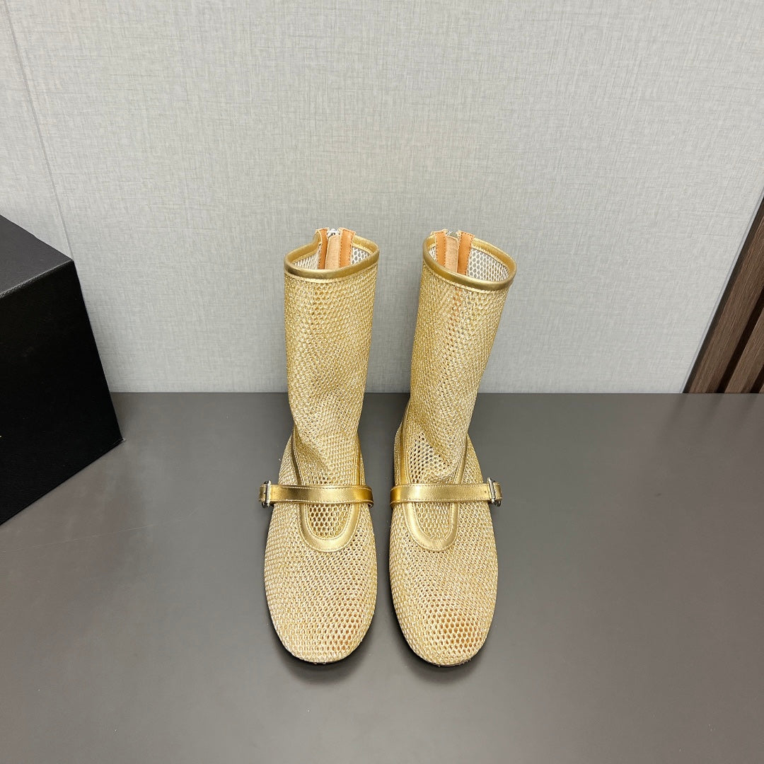 ALAIA SHORT BOOTS IN GOLD MESH FISHNET