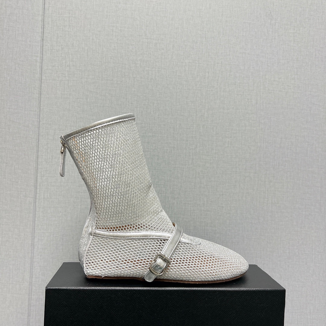 ALAIA SHORT BOOTS IN SILVER MESH FISHNET