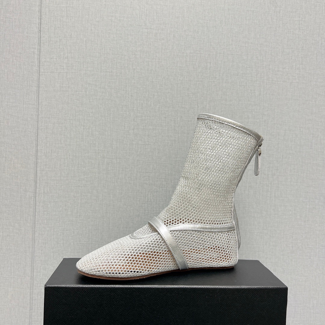 ALAIA SHORT BOOTS IN SILVER MESH FISHNET
