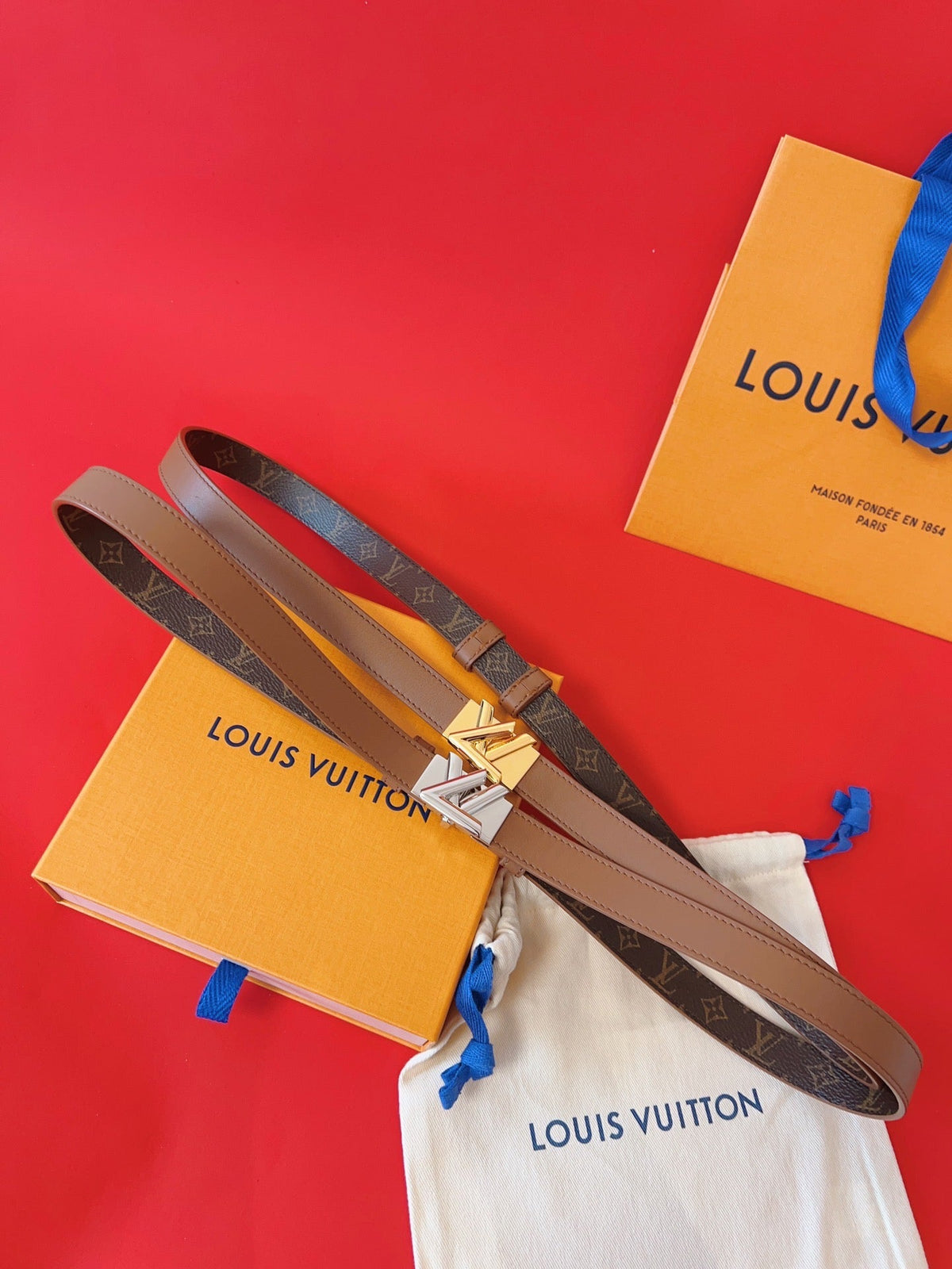 LV GO-14 20MM BELT IN BRONZE BROWN CALFSKIN GOLD HARDWARE