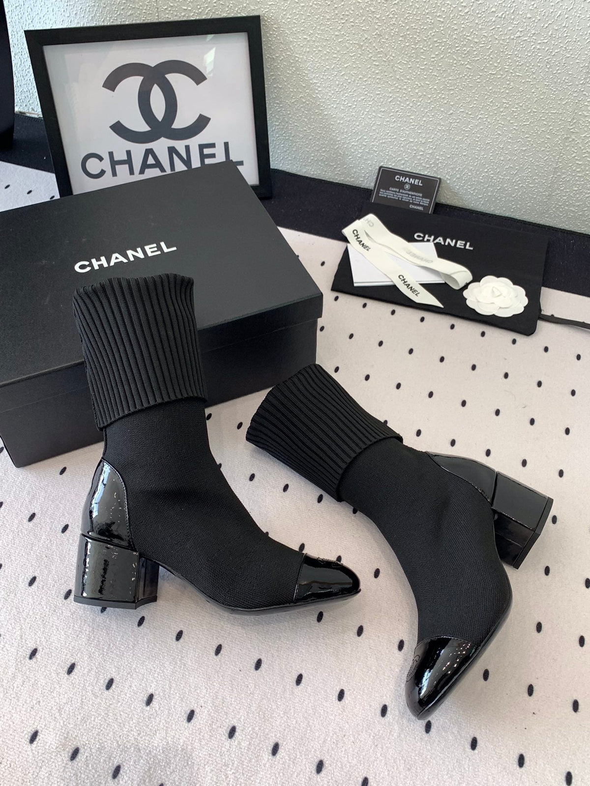 CC Short Boots 55mm Black Wool Mix Glossy Cowhide 938066