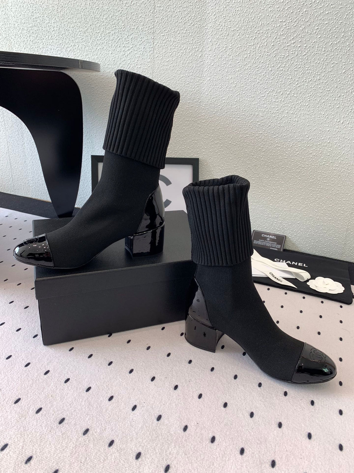 CC Short Boots 55mm Black Wool Mix Glossy Cowhide 938066