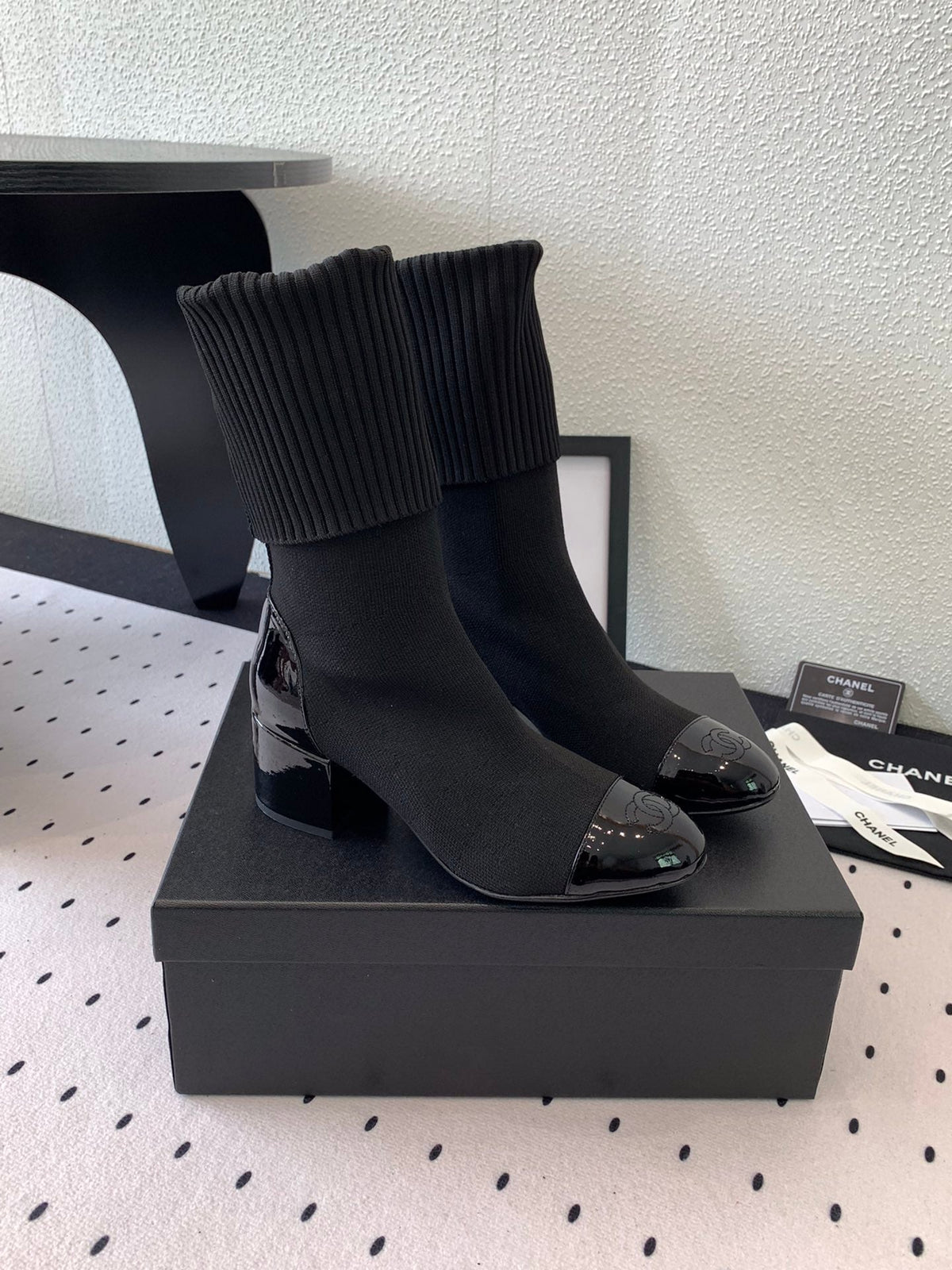 CC Short Boots 55mm Black Wool Mix Glossy Cowhide 938066