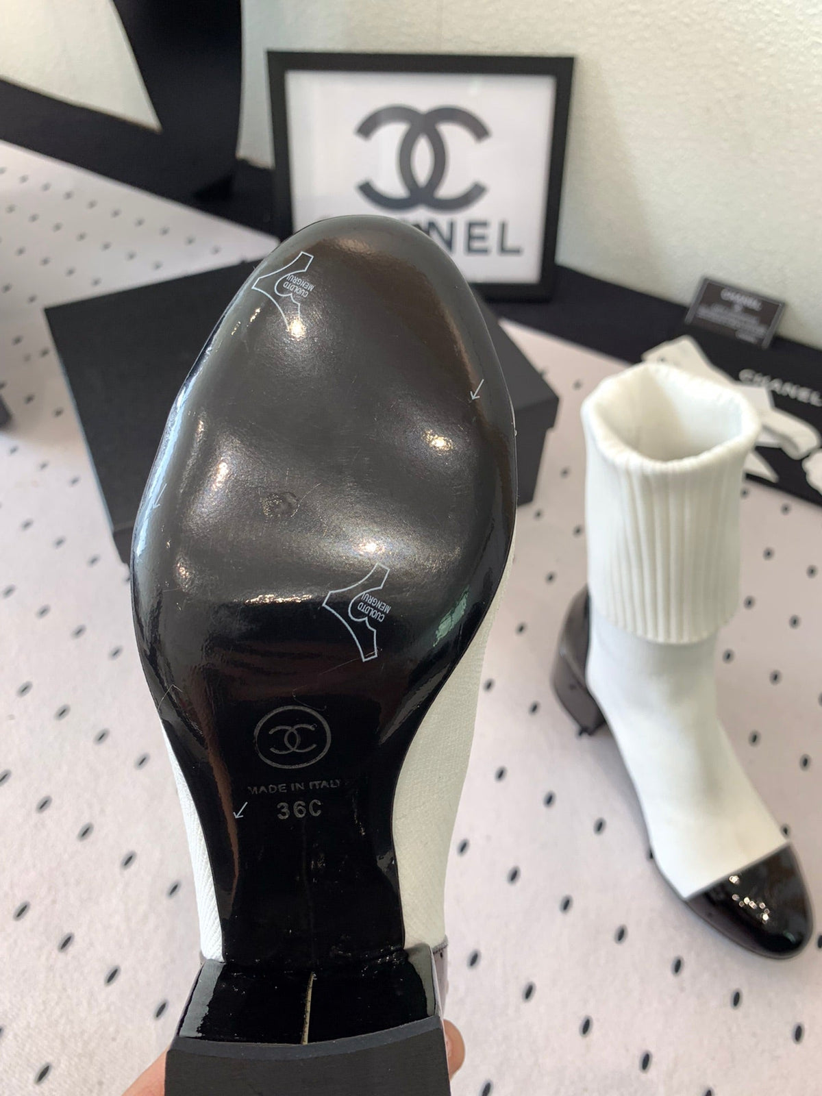 CC Short Boots 55mm White Black Wool Mix Glossy Cowhide 938067