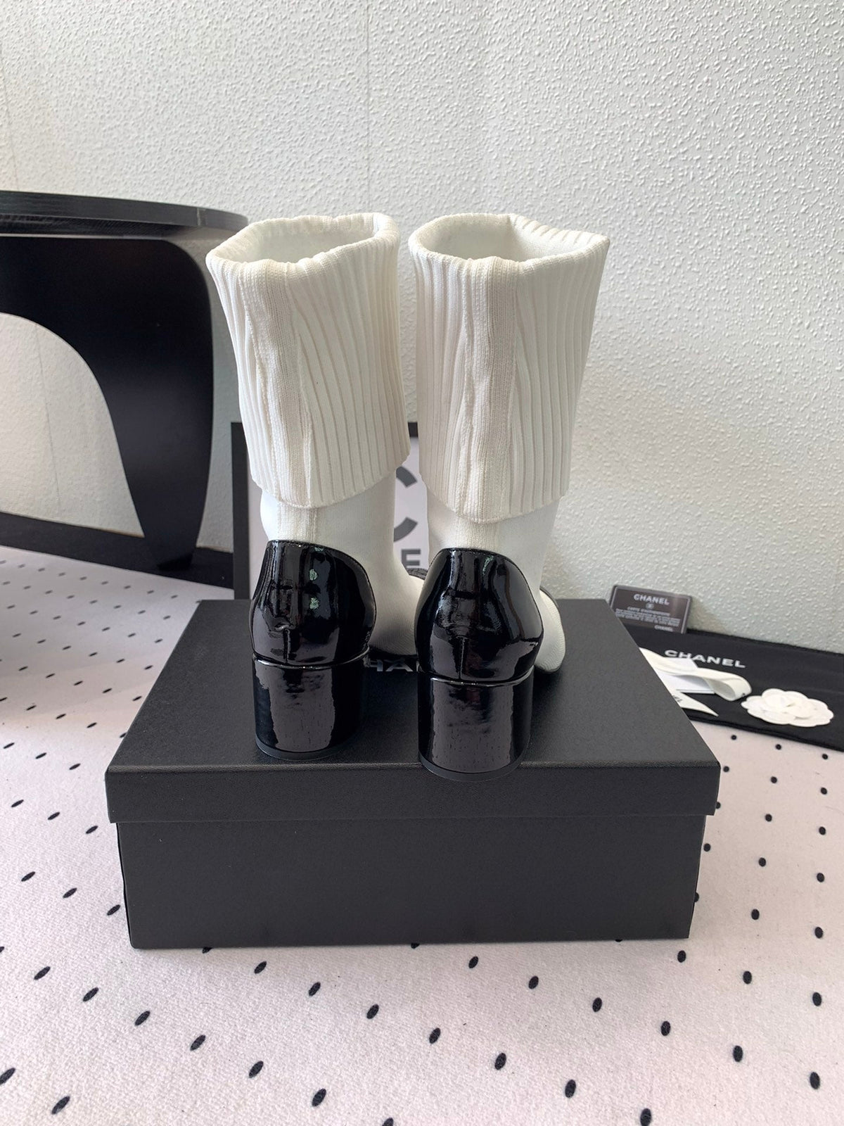 CC Short Boots 55mm White Black Wool Mix Glossy Cowhide 938067