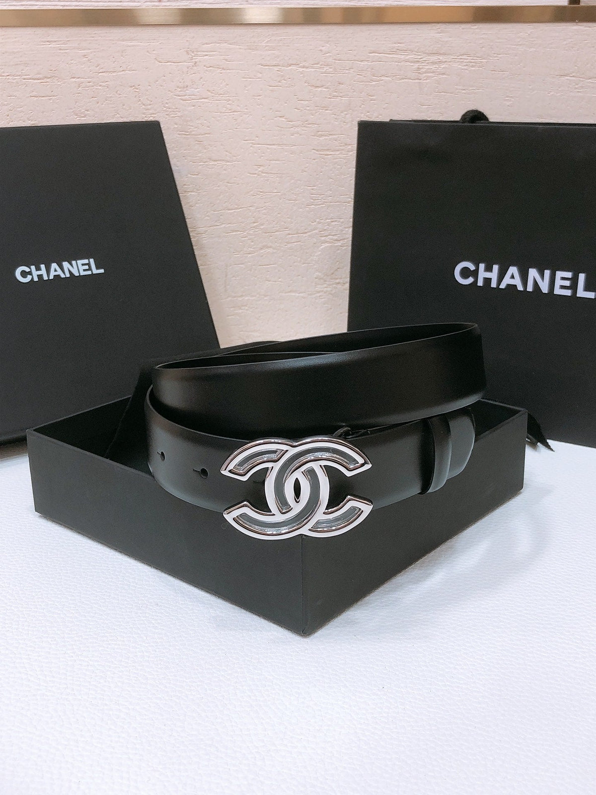 CHANEL BELT 3CM IN BLACK LAMBSKIN SILVER HARDWARE