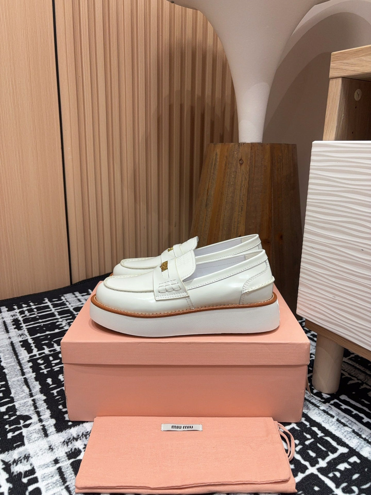 Miu Loafers Coin Shaped Thick Sole White With Brown Border Cowhide