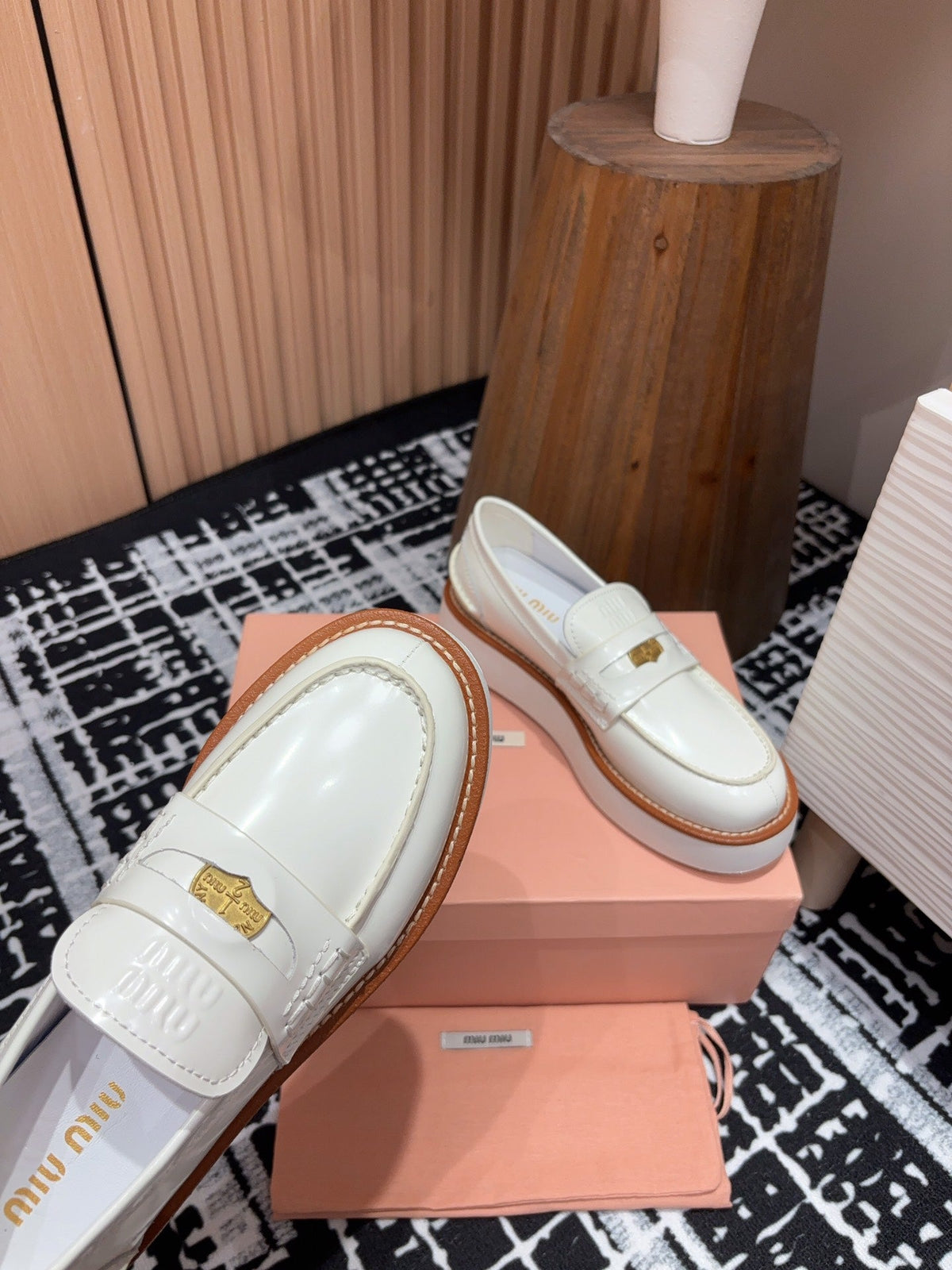 Miu Loafers Coin Shaped Thick Sole White With Brown Border Cowhide