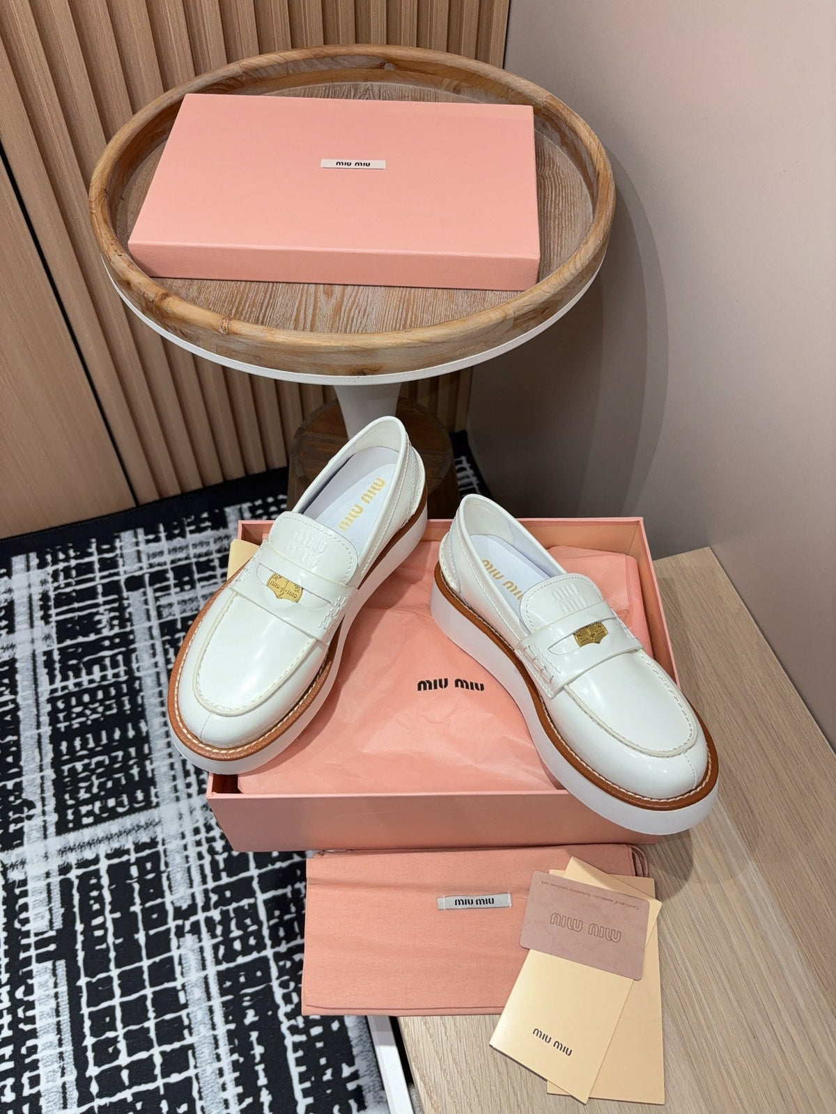 Miu Loafers Coin Shaped Thick Sole White With Brown Border Cowhide