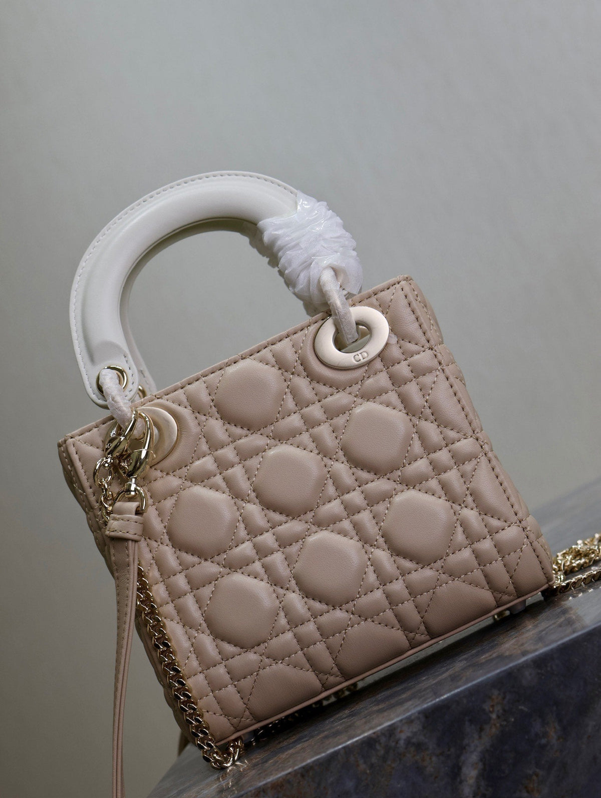 Lady Bag 17cm Beige White Lambksin