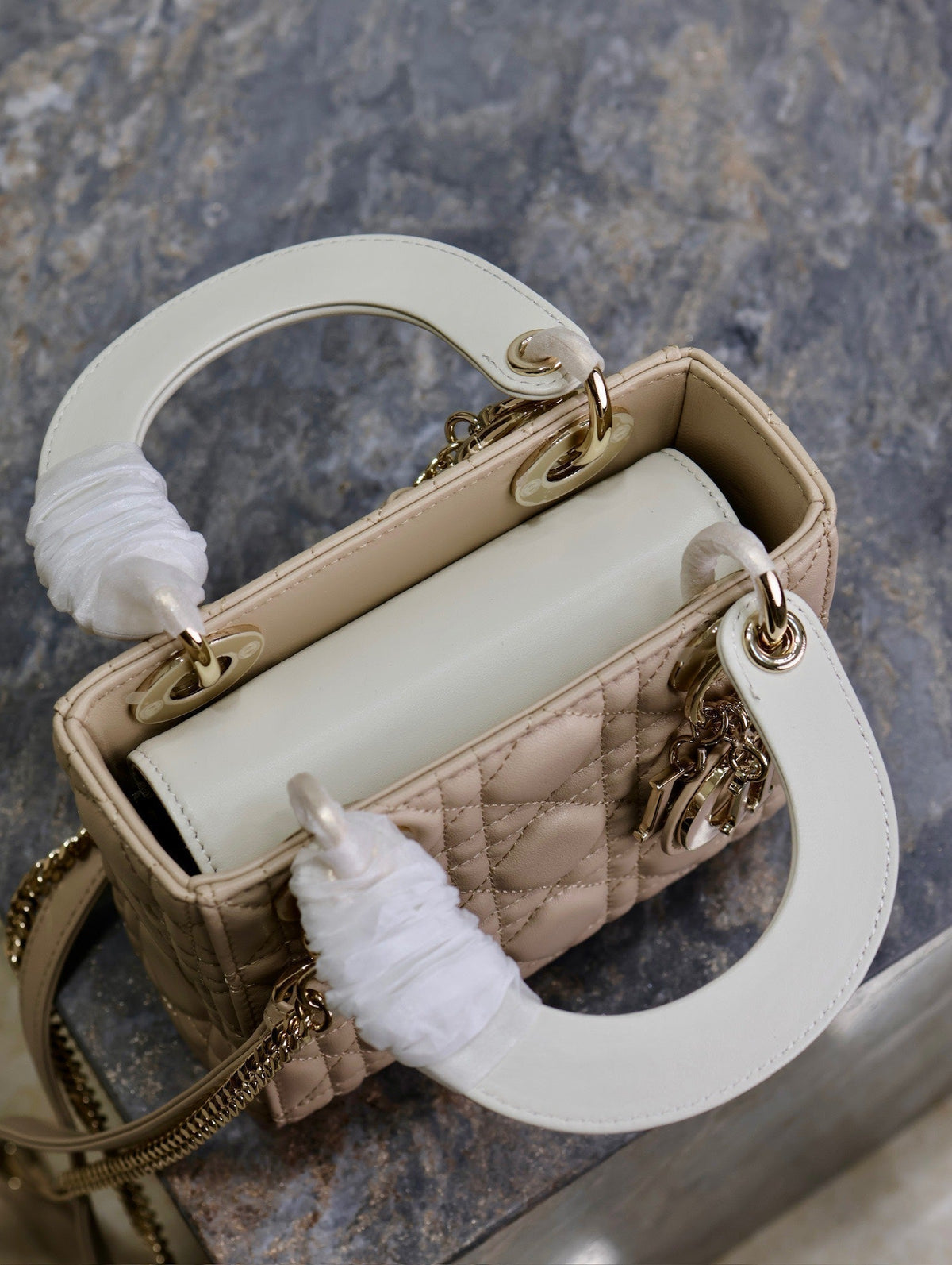 Lady Bag 17cm Beige White Lambksin