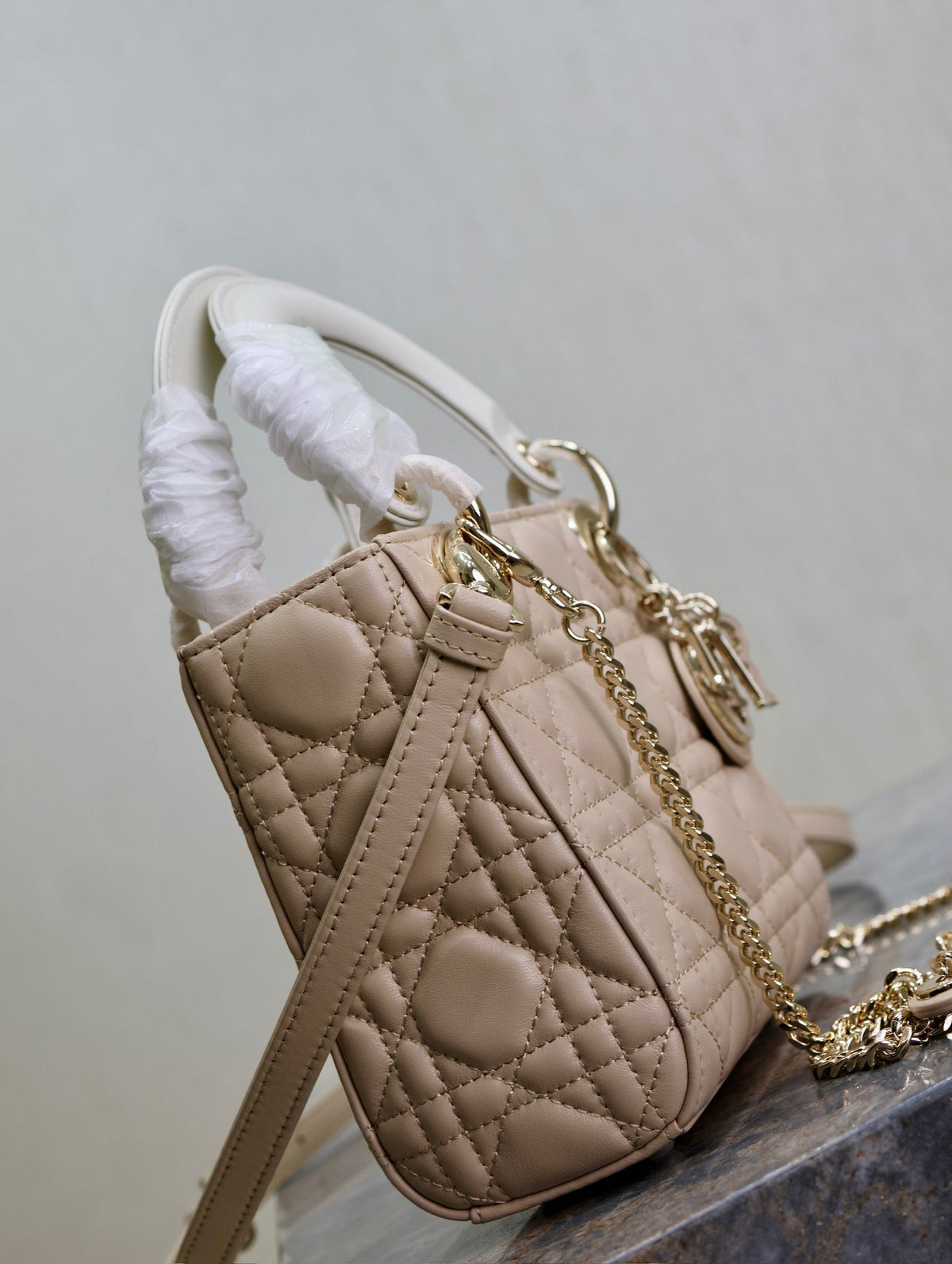 Lady Bag 17cm Beige White Lambksin