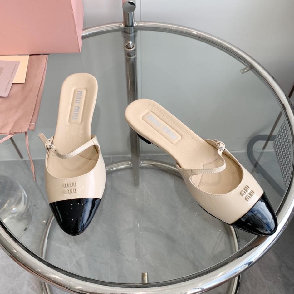 Miu Sandals Square Heel Shoes Beige Leather