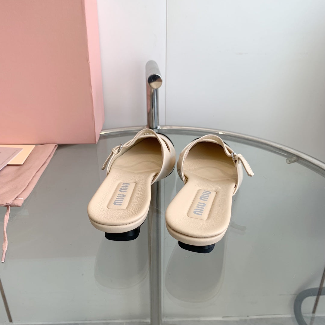 Miu Sandals Square Heel Shoes Beige Leather