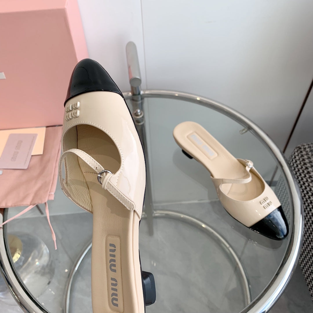 Miu Sandals Square Heel Shoes Beige Leather